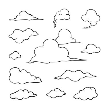 Beyaz arkaplandaki karalama bulutlarının bir derlemesi.