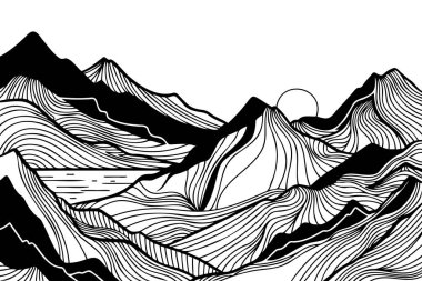 Minimalist modern çizgi sanat baskısı. Soyut dağ çağdaş estetik arkaplan manzarası.