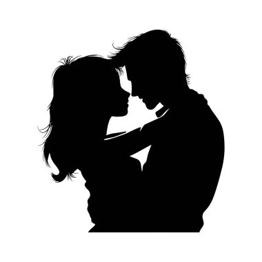 Siyahlı bir çiftin silüeti beyaz arka planda, romantik bir atmosferde.