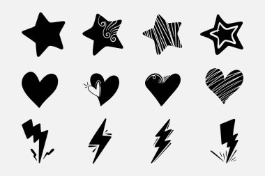 Elle çizilmiş elementlerin koleksiyonu. Aşk, şimşek ve yıldızlar.