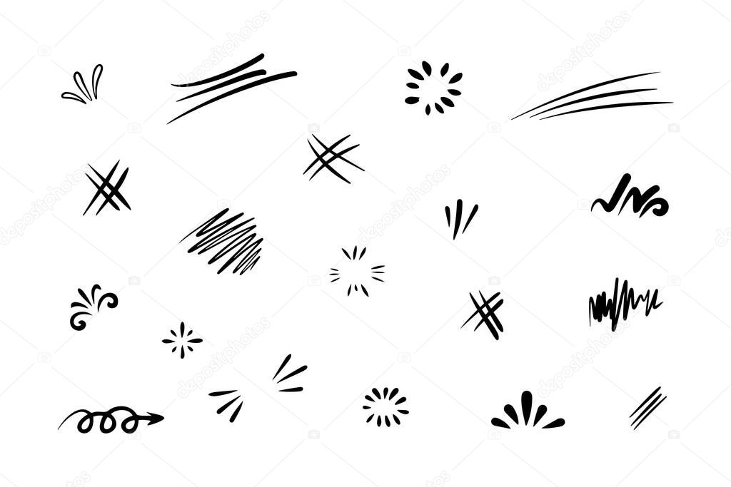 Collection of doodle hand drawn elements. Love, lightning and stars.