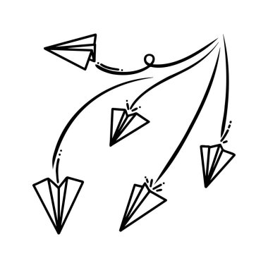 Kağıt uçak ikonu seti. El çizimi kağıt uçak.