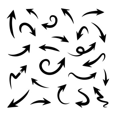 Farklı şekil parantez ile el çizilmiş oklar, Ok karalama çizimi.