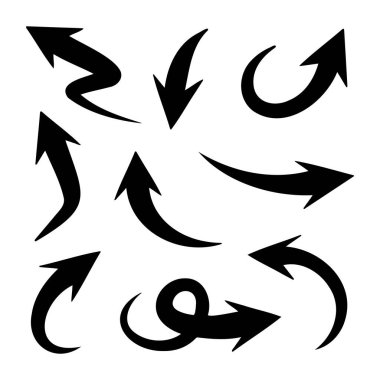 Farklı şekil parantez ile el çizilmiş oklar, Ok karalama çizimi.