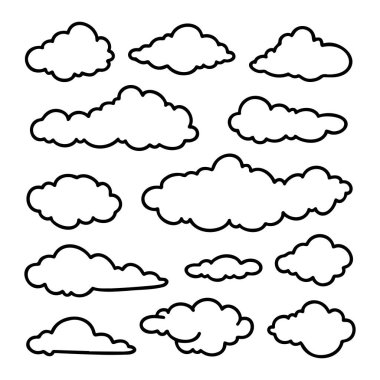 Beyaz arkaplandaki karalama bulutlarının bir derlemesi.