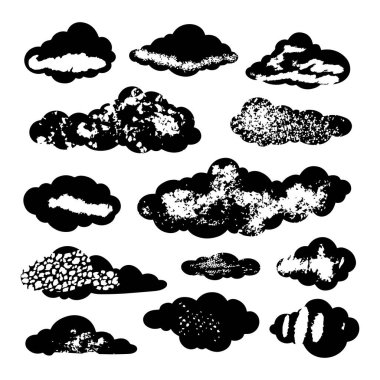 Beyaz arkaplandaki karalama bulutlarının bir derlemesi.