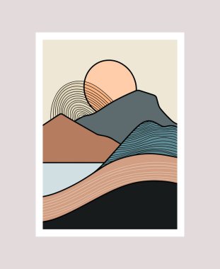 Ağaçlı stilize dağ manzarası ve sıcak tonlarda batan güneş huzurlu bir atmosfer yaratıyor.