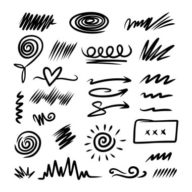 Elle çizilmiş kara karalama ve çizimler koleksiyonu yaratıcı projeler için girdaplar, çizgiler ve ok tasarımları içerir