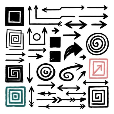 Beyaz arkaplana elle çizilmiş karalama kutuları, daireler ve oklar ve diğer destekleyici öğelerin koleksiyonu