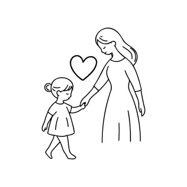 Anne ve kızı basit bir çizgide sevgiyle el ele tutuşuyorlar.