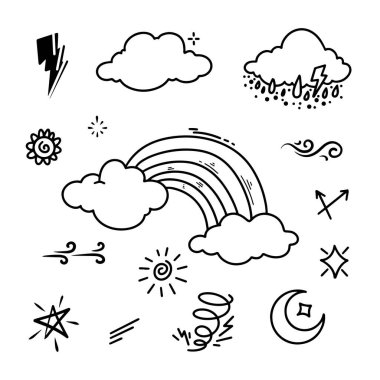 El çizimi hava sembollerinin karalama koleksiyonu, benzersiz ve çağdaş.