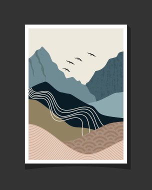 Grunge desenli soyut dağ illüstrasyonu