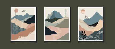 Soyut dağ çizimlerinin modern tarzda koleksiyonu, 1 pakette 3 resim
