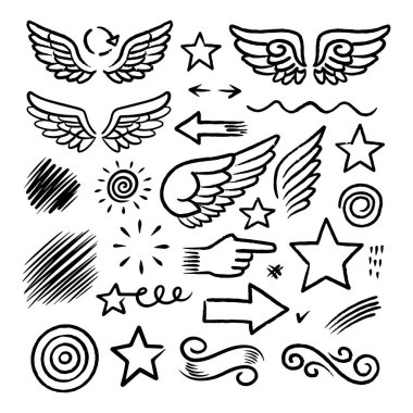 Kanatların, okların, yıldızların ve diğer elementlerin karalama çizimlerinin yaratıcı koleksiyonu