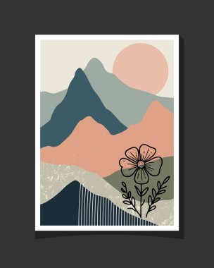 Modern bir kavram ve boho sanatının dokunuşuyla soyut dağ illüstrasyonu