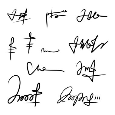 Temiz beyaz arkaplanda gösterilen el yazısı imzaların eşsiz koleksiyonu