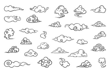 Beyaz arkaplana izole edilmiş Asya tarzında karalama bulutları koleksiyonu