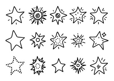 Doodle yıldız koleksiyonu beyaz arkaplanda izole edilmiş basit satır biçimi
