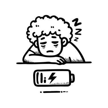 Düşük enerjili yorgun bir insanın, düşük şarj seviyesini gösteren bir pil simgesinin yanında dinlenmesi.