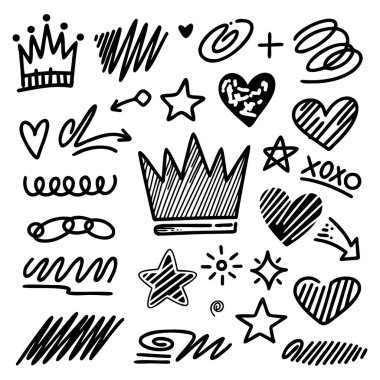 Taç, aşk, ok ve diğer elementlerin karalama elementleri koleksiyonu