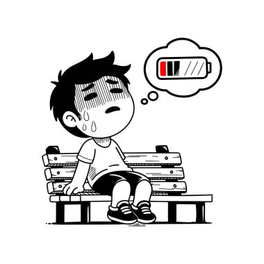 Sandalyede oturan bir insan, neredeyse bitmiş bir bataryanın tasvir ettiği gibi bitkin görünür..