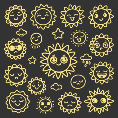 Siyah arkaplana kawaii tarzında güneş karalamalarının yaratıcı koleksiyonu