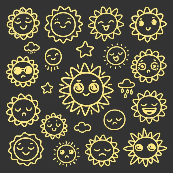 Siyah arkaplana kawaii tarzında güneş karalamalarının yaratıcı koleksiyonu