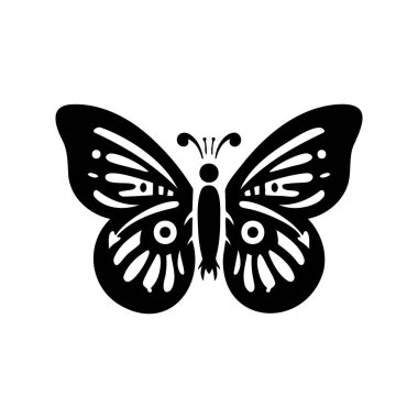 Siyah bir kelebek silueti, düz bir arkaplanda karmaşık kanat desenleri var.