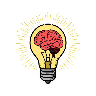 Yaratıcı beyin ışığı tasarımı, bir ampulün içindeki insan beynini dışa doğru yayılan ışık ışınlarıyla gösteriyor.