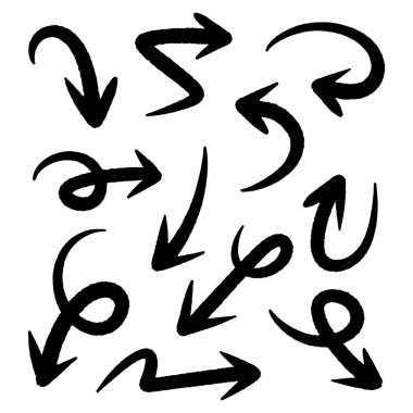 Beyaz arkaplanda izole edilmiş siyah el çizilmiş ok koleksiyonu