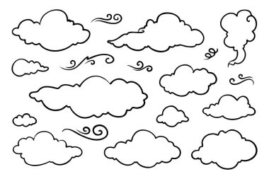 Beyaz arkaplanda yaratıcı ana hatları olan bulutların toplanması