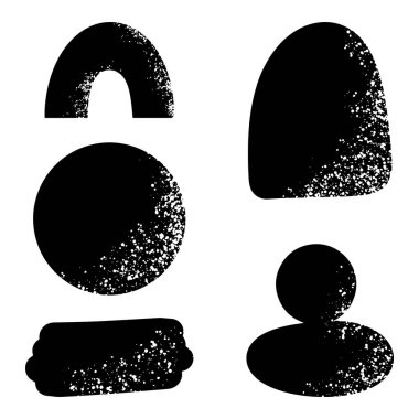 Abstract black shapes with textured surfaces arranged in various forms on a white background