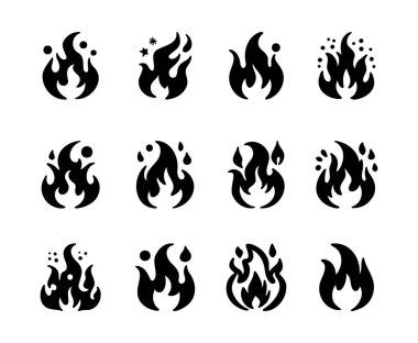 Şekil verilmiş siyah alev simgeleri, ateş sembolleri, alev şekli, şenlik ateşi, kamp ateşi..