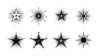 Beyaz arka planda el çizimi parlayan yıldız çizimleri koleksiyonu