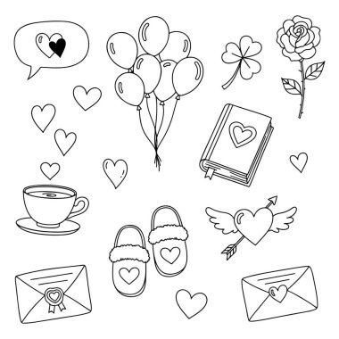 Sevgililer Günü için el çizimi karalama ikonları. Aşk ve romantik semboller koleksiyonu..