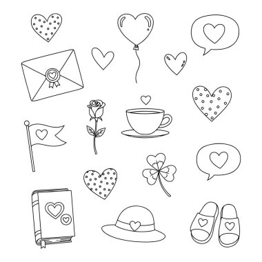 Romantik Aşk Simgeleri Kalpler Çiçek Hediyeleri ve Sevimli Dekoratif Elementlerle Ayarlandı