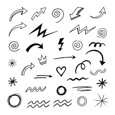 El yapımı karalama okları, şimşekler ve kalp simgeleri. Vektör çizim ögeleri koleksiyonu.