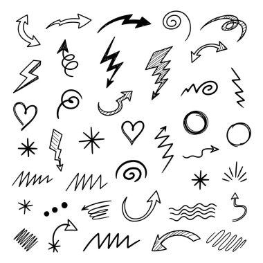 El yapımı karalama okları, şimşekler ve kalp simgeleri. Vektör çizim ögeleri koleksiyonu.