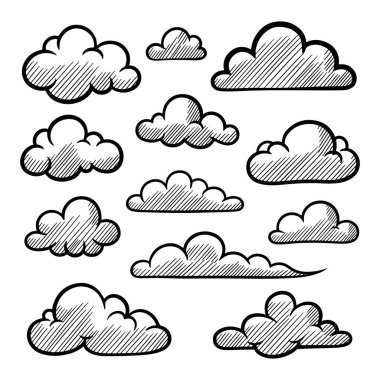 El çizimi karalama bulutları koleksiyonu. Çeşitli hava sembollerinin vektör çizimi.