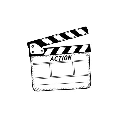 Film alkışları karalama ikonu. Beyaz arkaplan ile bir video klip sahnesi başlatmak için el çırpma tahtası.