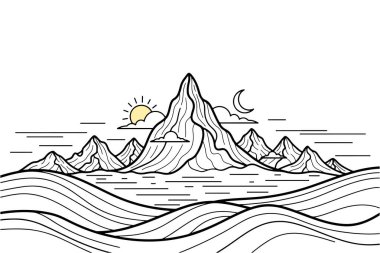 Minimalist dağ manzarası. Okyanus dalgaları, güneş ve ay.