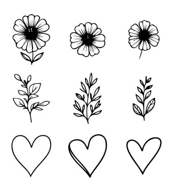 Çiçekler, yapraklar ve kalplerle çizilmiş karalama seti, dekorasyon için mükemmel.