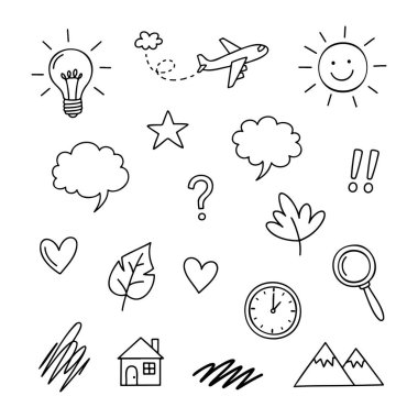 Basit ve şirin karalama simgelerinden oluşan bir vektör kümesi. Bir ev, bir ampul ve bir saat gibi günlük nesneleri içerir..