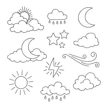 Güneş ay bulutları, yıldızlar ve yağmur içeren el yapımı hava ikonları koleksiyonu