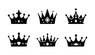 Collection of elegant black crown icons set, various royal and queen symbols.