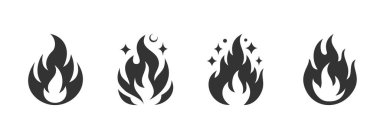 Simple black fire flame icons set, magic heat symbol with sparkles and stars.