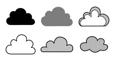 Set of stylized cloud icons, various shapes and textures with halftone and lines.