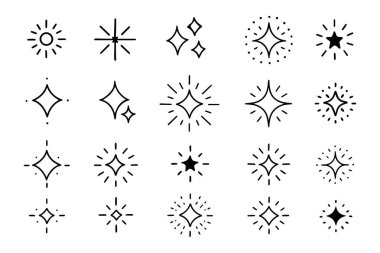Minimalist Parlak Yıldız Simgeleri El Çizimi Karalama Parıltısı ve Parıltı Vektör Elementlerini Ayarla