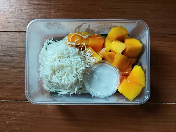 Arroz Pegajoso Mango Tailandia Comida Tradicional Callejera Completado Con Leche — Foto de Stock