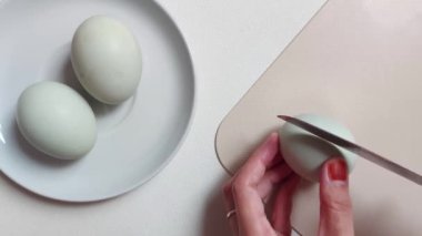 Woman hand hold Salted Egg. It's a dish made from eggs that are preserved by salting them.  Most of the eggs that are salted are duck eggs, although it does not rule out other eggs